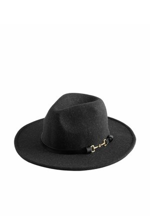 Black felt fedora hat with a wide brim and a black leather band featuring a small gold-colored metal detail.