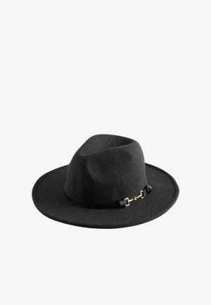 Black felt fedora hat with a wide brim and a black leather band featuring a small gold-colored metal detail.