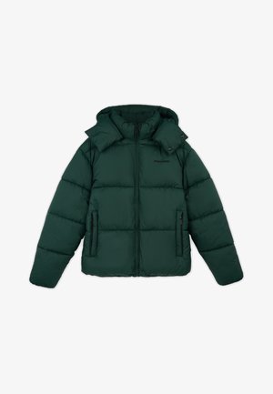 Dark green puffer jacket with a zip front, detachable hood, and two side pockets. Features thick quilted sections for insulation.