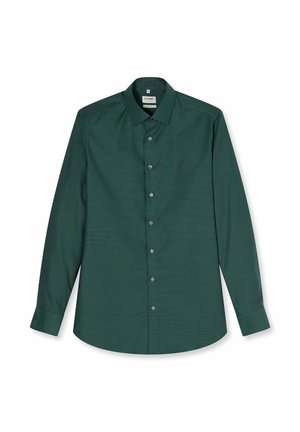 Donkergroen overhemd voor heren met lange mouwen, klassieke kraag en knopen aan de voorkant, platliggend weergegeven op een witte achtergrond.