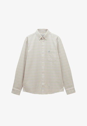 Langarm-Hemd zum Knöpfen mit hellbeiger Grundfarbe und mehrfarbigem, dünnem Karomuster, ausgestattet mit einer Brusttasche und kleinem, besticktem Logo.