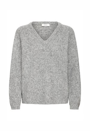 Maglione grigio lavorato a maglia con scollo a V, maniche lunghe e una finitura morbida e tessurizzata. Taglio semplice e rilassato con polsini e orlo a costine.