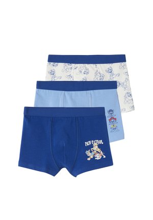 Three boys' boxer briefs in blue tones, featuring Paw Patrol characters and logo printed on the front and patterned designs.