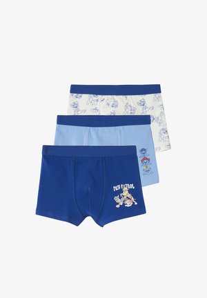 Drei Jungen-Boxershorts in Blautönen mit Paw Patrol-Charakteren und Logo auf der Vorderseite sowie gemusterten Designs.