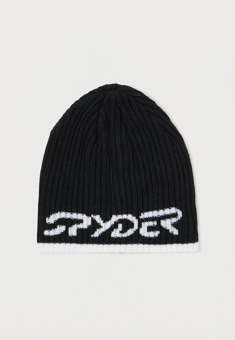 Gorro de malha canelada preto com o logo branco "SPYDER" perto da borda dobrada sobre um fundo claro.