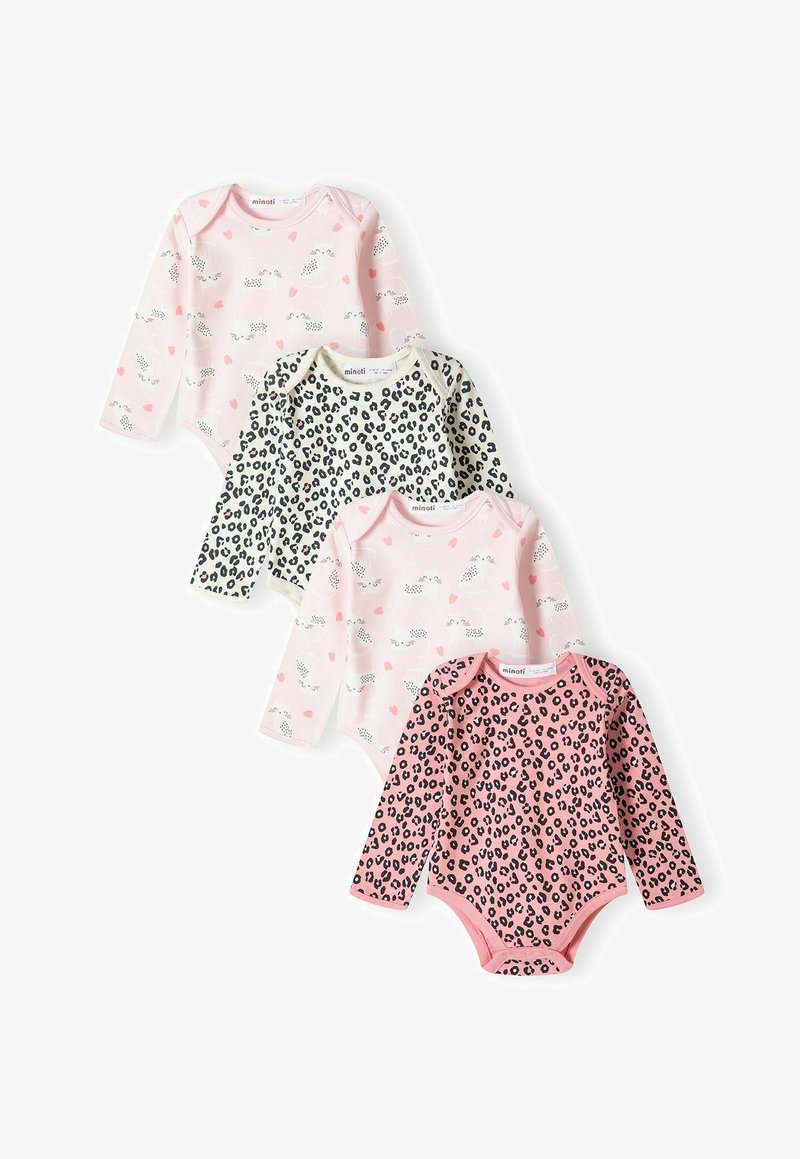 Keturi ilgomis rankovėmis kūdikių bodžiai su skirtingais raštais: rožinė su širdelėmis, juodas leopardas ant balto fono ir rožinis leopardas. Pagaminta iš medvilnės.