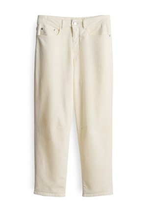 Helle beige Jeans aus Denim mit geradem Schnitt, Fünf-Pocket-Design und einem vorderen Knopfverschluss. Verfügt über subtile Textur und Steppnähte.