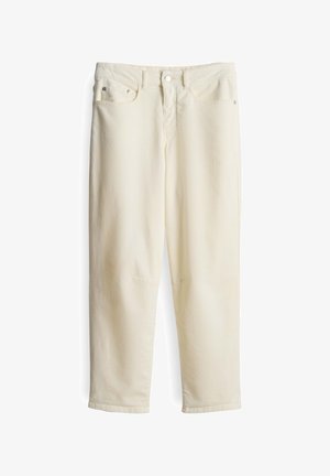 Helle beige Jeans aus Denim mit geradem Schnitt, Fünf-Pocket-Design und einem vorderen Knopfverschluss. Verfügt über subtile Textur und Steppnähte.