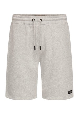 Lys grå, casual shorts med elastisk midjebånd, snor, sidelommer og liten svart etikett nær kanten.