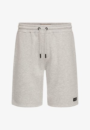 Lys grå, casual shorts med elastisk midjebånd, snor, sidelommer og liten svart etikett nær kanten.