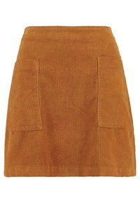 Minisukně z kordu v hořčicově žluté barvě, s dvěma předními kapsami, přímým střihem a strukturou s jemným ribbovaným vzorem.