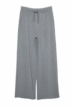 Graue weit geschnittene Hose aus weichem Stoff, mit einem elastischen Bund und Kordelzug sowie seitlichen Taschen. Glatte Textur, ohne Muster.
