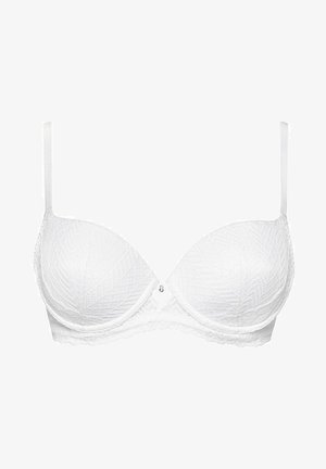 Biały biustonosz z wyprofilowanymi, wyściełanymi miseczkami w geometryczny wzór. Koronkowe wykończenie wzdłuż pasa oraz mały ozdobny klejnot na środku.