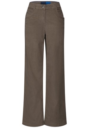 Braune weit geschnittene Hose aus weichem Stoff mit einem Knopfverschluss und vier Taschen, die eine glatte Textur ohne erkennbare Muster zeigt.