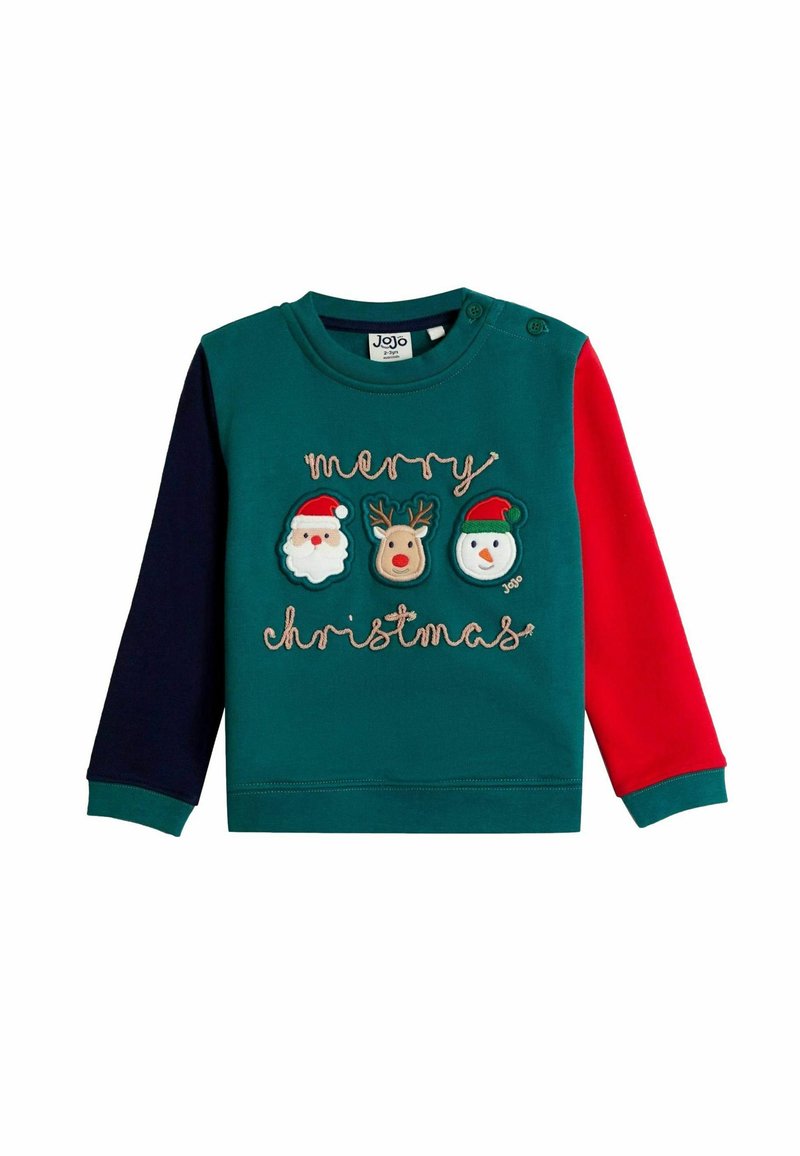 Felpa verde con maniche rosse e blu scuro, caratterizzata da ricami di design natalizi raffiguranti Babbo Natale, una renna e un pupazzo di neve, con la scritta "Buon Natale".