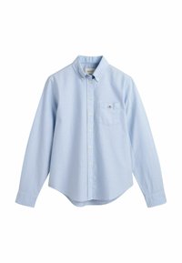 Camicia azzurro chiaro a maniche lunghe con colletto button-down e taschino sul petto, dotata di un piccolo logo ricamato.