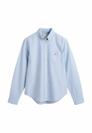 Lichtblauw overhemd met lange mouwen en knoopsluiting, voorzien van een button-down kraag en een borstzak met een klein geborduurd logo.