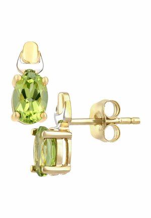 Goldene Ohrringe mit ovalen, facettierten grünen Edelsteinen, die in einem sicheren Krappen- und Clip-Design gefasst sind und eine helle, polierte Oberfläche zeigen.