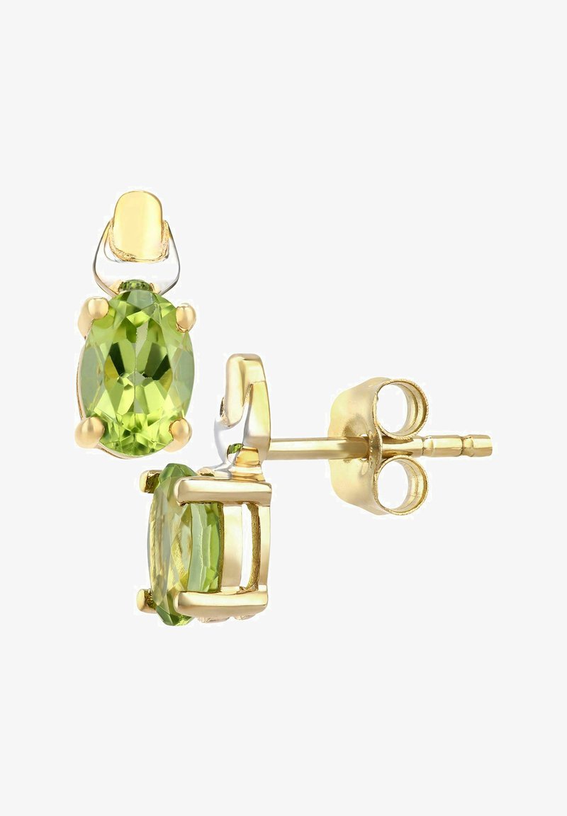 Zlatne naušnice s ovalnim, fasetiranim zelenim draguljima, postavljenim u sigurnom dizajnu s kukicom i stezaljkom, pokazujući svijetlu, sjajnu završnicu.