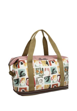 Borsa a tracolla con motivi astratti di quadrati multicolori, manici color cuoio, bordo superiore rosa e chiusura con cerniera.