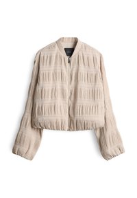 Beige verkürzte Bomberjacke mit strukturiertem Faltenwurf, Reißverschluss, geripptem Kragen und Bündchen, aus einem weichen, leichten Stoff.