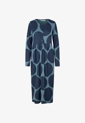 Langärmliges Kleid in Dunkelblau-grün und Hellblau-grün, mit großen dunkelblauen Kreisen, Knopfverschluss am Hals und plissiertem Rockdesign.