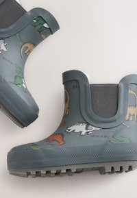 Bottes de pluie en caoutchouc gris avec des graphismes de dinosaures de plusieurs couleurs, des semelles texturées et un panneau en tissu extensible en haut.