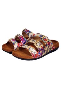 Floral-patterned sandals featuring three adjustable straps, a cork footbed, and a black rubber sole for traction.