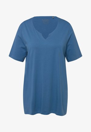 T-shirt in cotone blu a scollo a V con maniche corte e vestibilità comoda. Tessuto liscio e dettagli minimi.