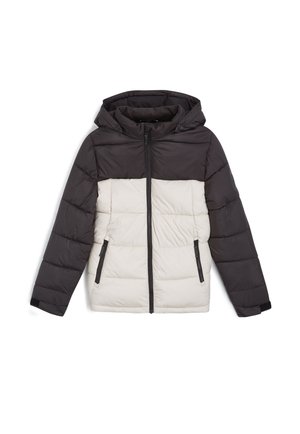 Chaqueta acolchada con una sección superior negra y una sección inferior crema, con patrón cuadrillé horizontal, capucha y cierre frontal con cremallera y bolsillos.