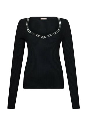 Črno rebrasto dolg rokav z izrezom v obliki kvadrata, okrašen s srebrenimi zakovicami vzdolž roba.