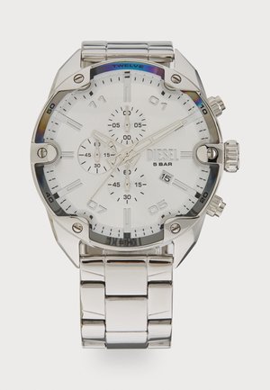 Silver metal chronograph watch with a white dial, large silver markers, three sub-dials, and a polished stainless steel bracelet.