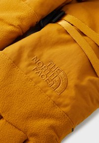 Sárga kesztyűk texturált anyagból, sima felülettel. Jellemzője a "The North Face" logó, amely jól láthatóan hímzett, állítható pánttal.