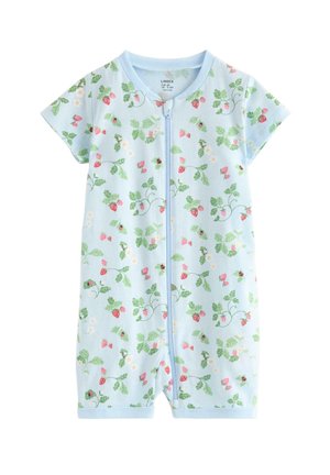 Vaaleansininen lyhythihainen vauvan haalari, jossa on etuvetoketju ja mansikan, lehden ja kukan kuviot.