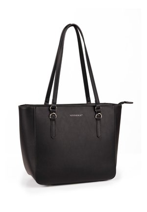 Bolso tote de cuero negro con dos asas largas, anillas metálicas plateadas, cierre de cremallera y logo "VIVISENCE" en el centro delantero.