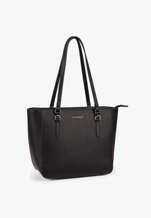 Czarna skórzana torba typu tote z dwoma długimi uchwytami, srebrnymi metalowymi pierścieniami, zamkiem błyskawicznym oraz logo "VIVISENCE" na środku z przodu.