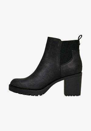 Bottines noires en matériau synthétique texturé, avec un talon carré, des panneaux élastiques sur les côtés et une tirette à l'arrière.