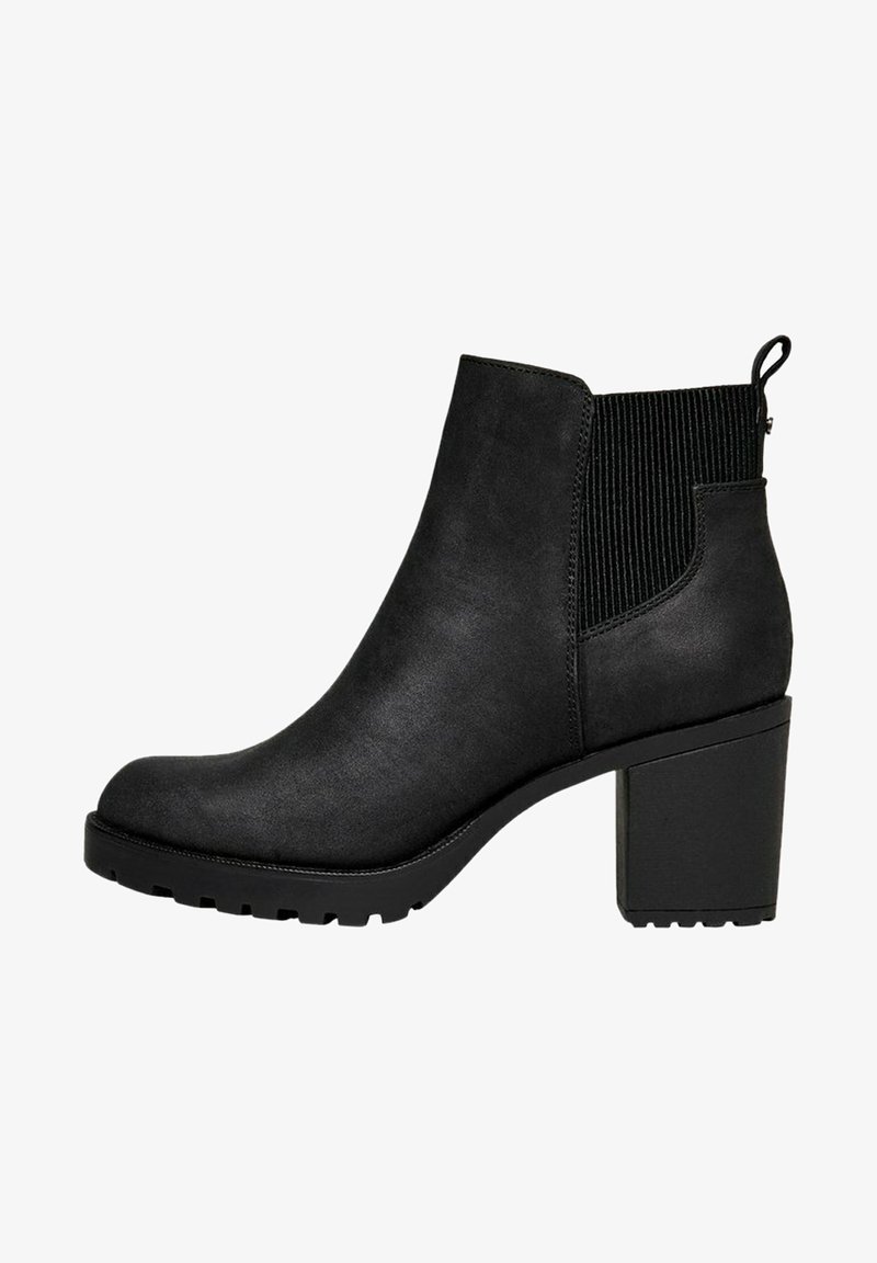 Bottines noires en matériau synthétique texturé, avec un talon carré, des panneaux élastiques sur les côtés et une tirette à l'arrière.