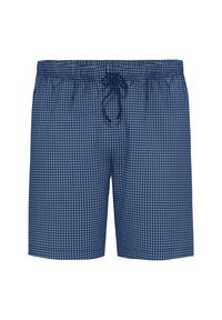 Marineblaue karierte Badehosen mit elastischem Bund und verstellbarem Kordelzug, aus leichtem Stoff und lockerem Schnitt.