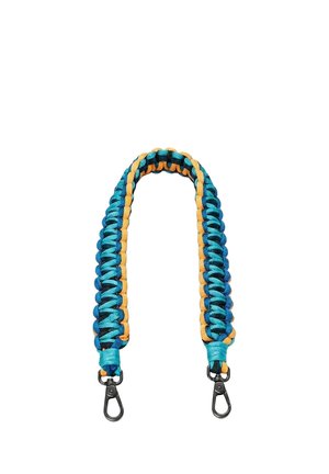 Braided paracord strap in blue and orange with metal swivel hooks on each end for attachment.