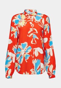 Chemise rouge à boutons avec manches longues, ornée de grandes fleurs bleues et jaunes, en tissu doux, avec un col classique.