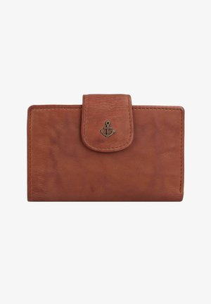 Braune Lederbrieftasche mit Klappenverschluss und geprägtem Ankerdetail. Glatte Textur, rechteckige Form und kontrastierende Nähte.