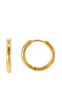 Goldene Creolen mit einer glatten, glänzenden Oberfläche. Kreisform mit einem dezenten Nahtdetail. Leichtes Design, geeignet für den täglichen Gebrauch.