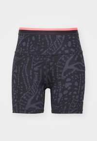 Black and dark gray patterned athletic shorts with a pink waistband, flat seams, and mid-thigh length.
