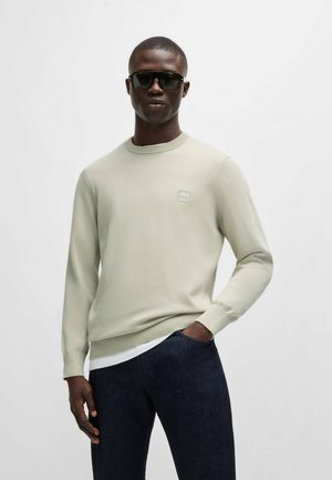 Maglione lavorato a maglia verde chiaro con collo rotondo e polsini a coste, abbinato a jeans in denim blu scuro. Patch quadrato del logo sul lato sinistro del petto.