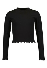Schwarzes, geripptes Langarm-Crop-Top mit gewelltem Saum und Bündchen. Verfügt über einen hohen Kragen und eine weiche Textur. Ideal für die Freizeit.