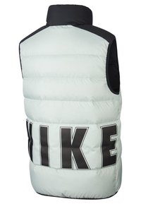 Fodrad ärmlös väst i ljus mintgrön med en svart krage och stor svart "NIKE"-logotyp på baksidan. Slät textur, quiltat mönster.