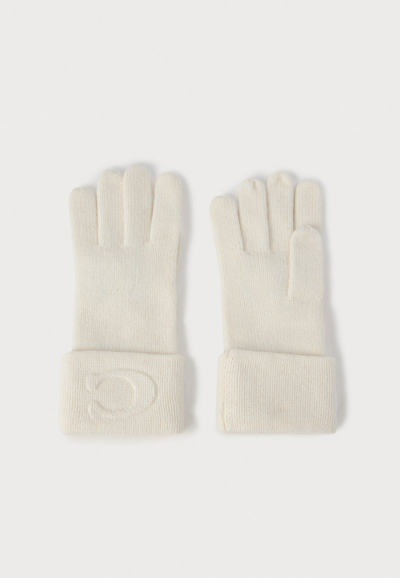 Mâini de tricot alb cu manșetă pliată. Manșeta are un logo embosat subtil. Textură moale, design cu degete pentru dexteritate.