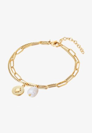 Gold-tone bracelet featuring paperclip links, a textured sun charm, and a white pearl accent. Adjustable chain clasp for fit.