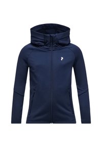 Felpa con zip di colore blu navy, caratterizzata da un alto colletto, tasche laterali e un logo bianco sul lato sinistro del petto, realizzata in un tessuto morbido e flessibile.